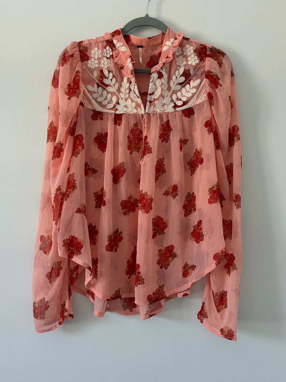 Free People Pink Red Patricia Floral Embroidered Sheer Long Sleeve Boho Blouse M
